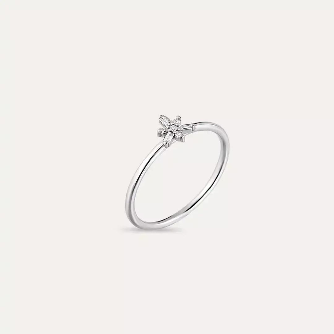 0.08 CT Baget Pırlanta Taşlı Beyaz Altın Minimal Yüzük