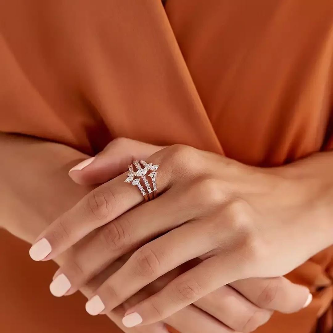 1.43 CT Baget ve Markiz Kesim Pırlanta Taşlı Rose Altın Yüzük