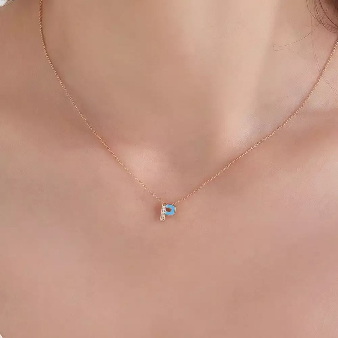 P Harf Pırlanta Taşlı ve Mavi Mineli Rose Altın Kolye