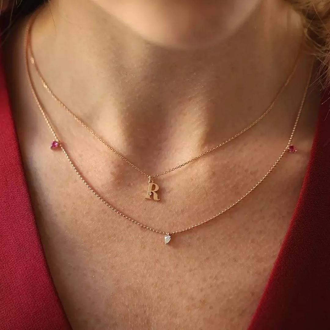 R Harf Pırlanta Taşlı Rose Altın Kolye