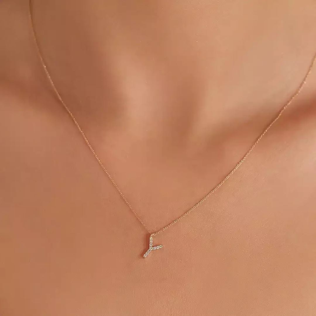 Y Harf 0.07 CT Pırlanta Taşlı Rose Altın Kolye