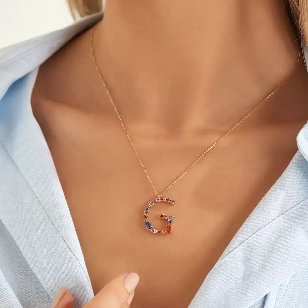 G Harf Multicolor Safir ve Brown Pırlanta Taşlı Rose Altın Kolye