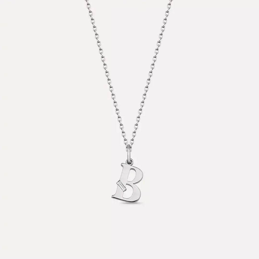 B Harf Pırlanta Taşlı Beyaz Altın Kolye