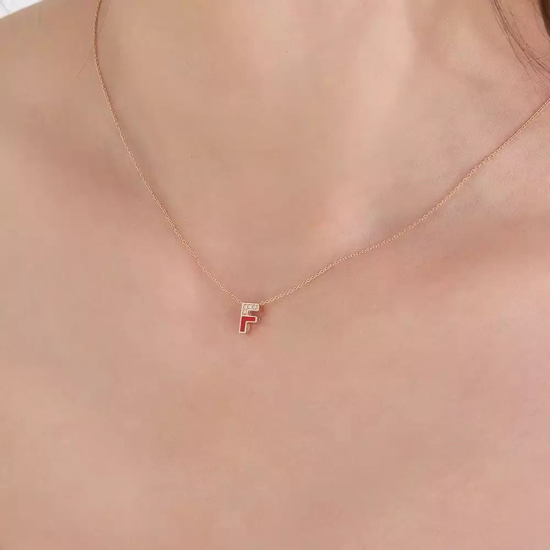 F Harf Pırlanta Taşlı ve Bordo Mineli Rose Altın Kolye