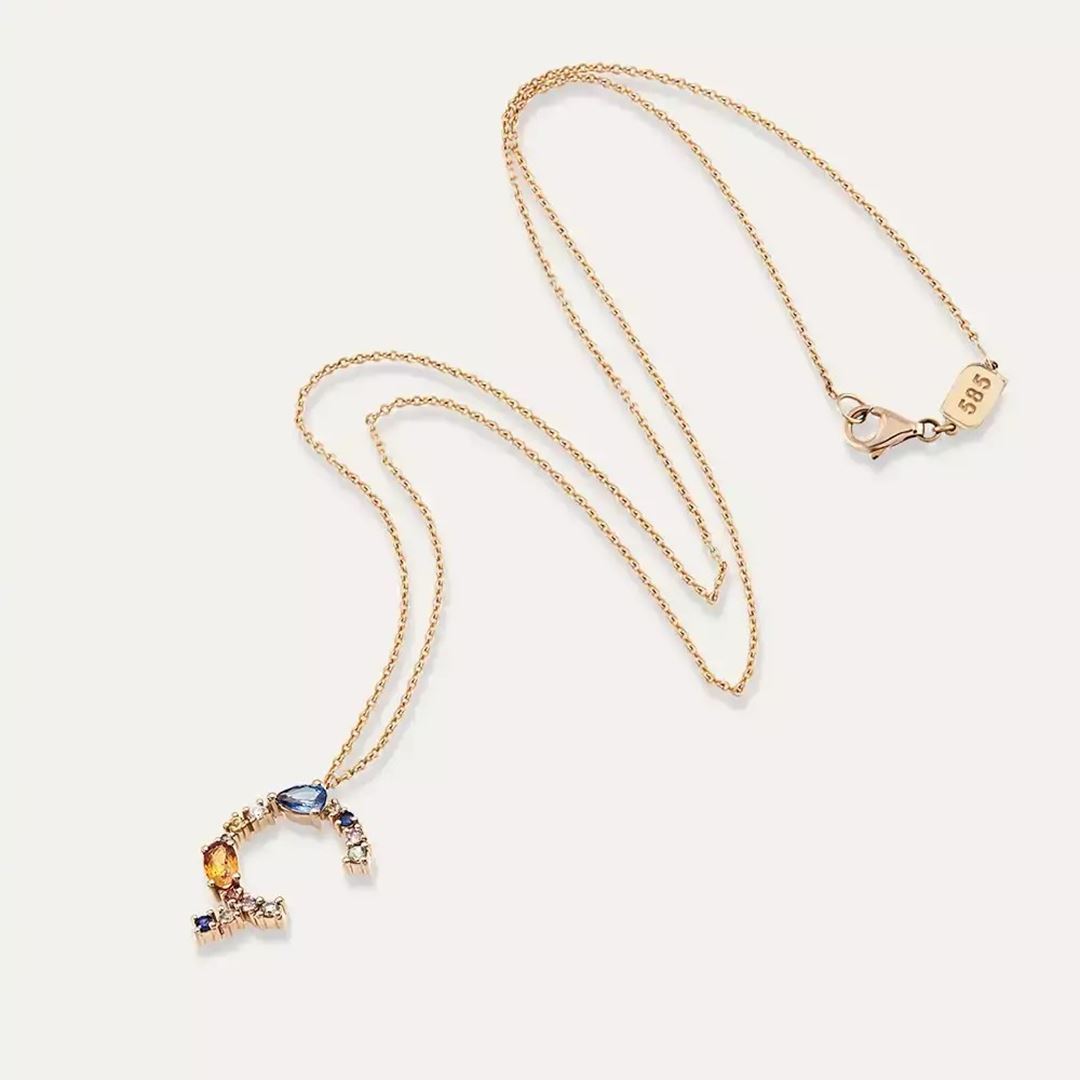 Ç Harf Brown Pırlanta ve Multicolor Safir Taşlı Rose Altın Kolye