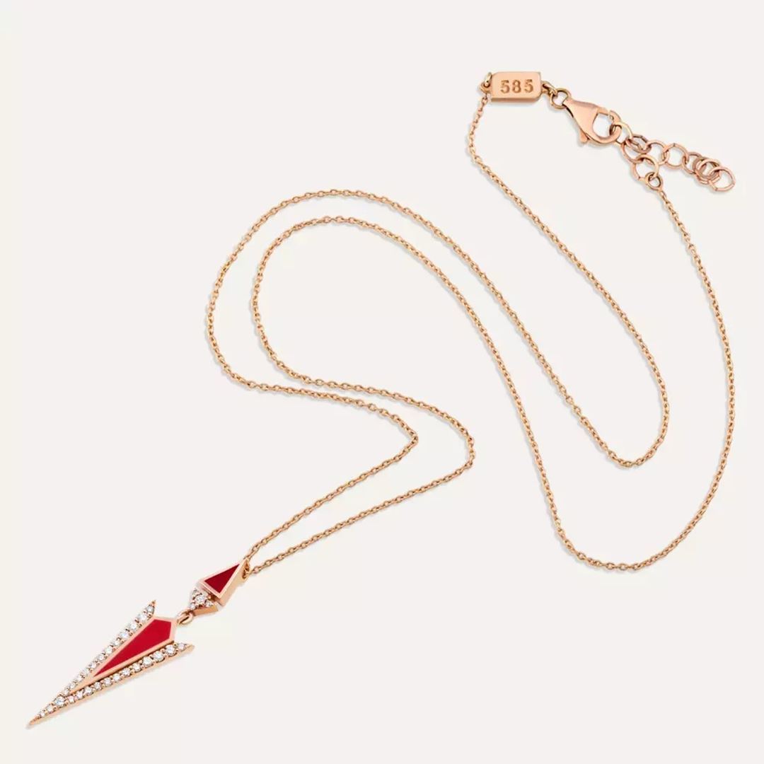 Corvus Pırlanta Taşlı ve Kırmızı Mineli Rose Altın Kolye