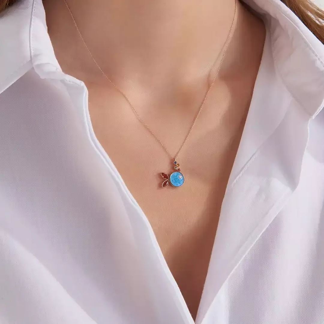 Fisht Multicolor Safir ve Pırlanta Taşlı Mavi Mineli Balık Kolye