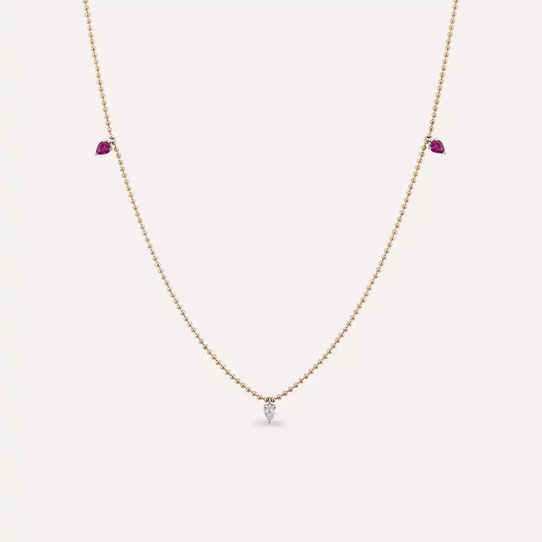 Raya Yakut ve Pırlanta Taşlı Rose Altın Kolye