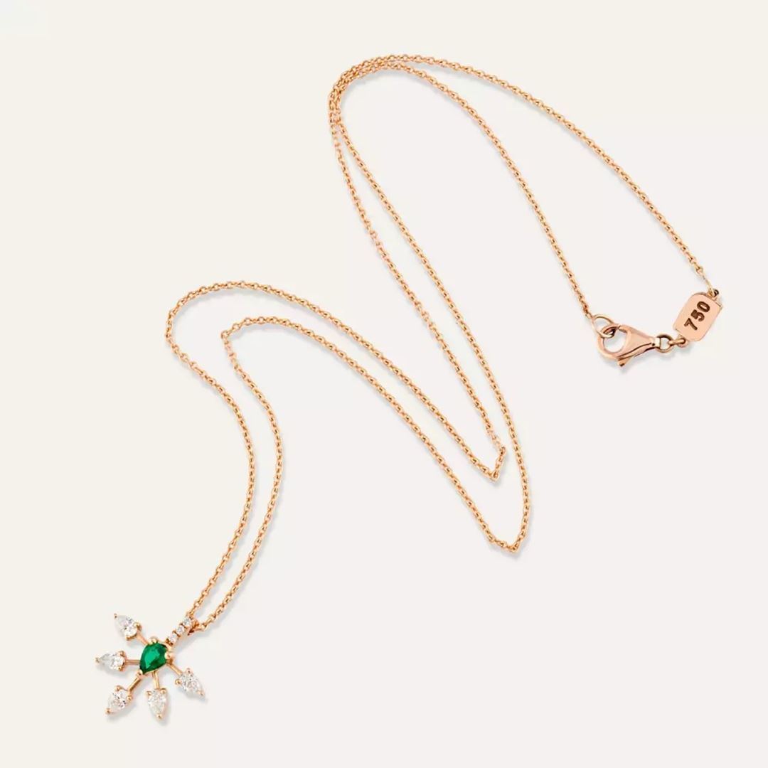 Capella Zümrüt ve Pırlanta Taşlı Rose Altın Kolye