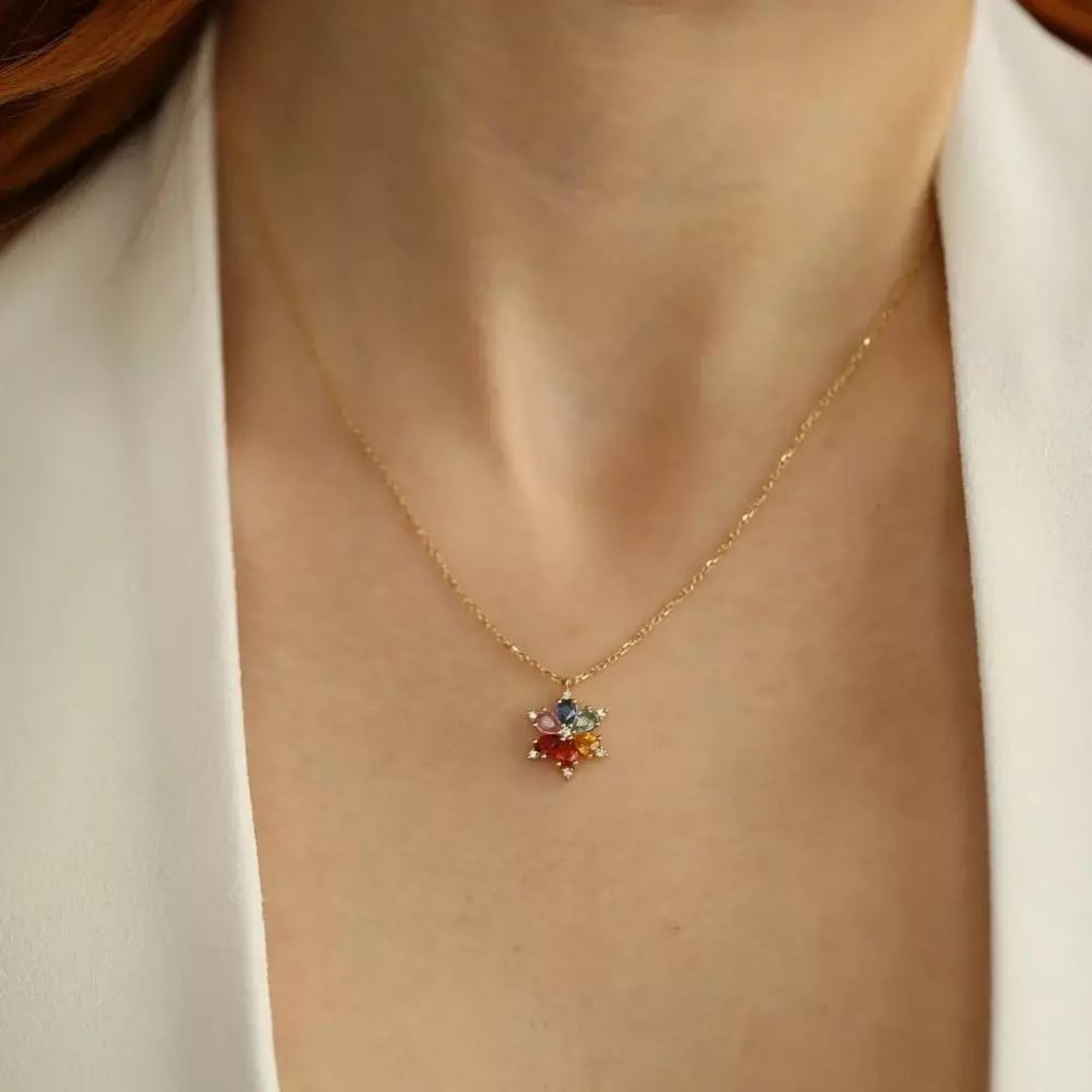 Talia Multicolor Safir ve Pırlanta Taşlı Sarı Altın Kolye