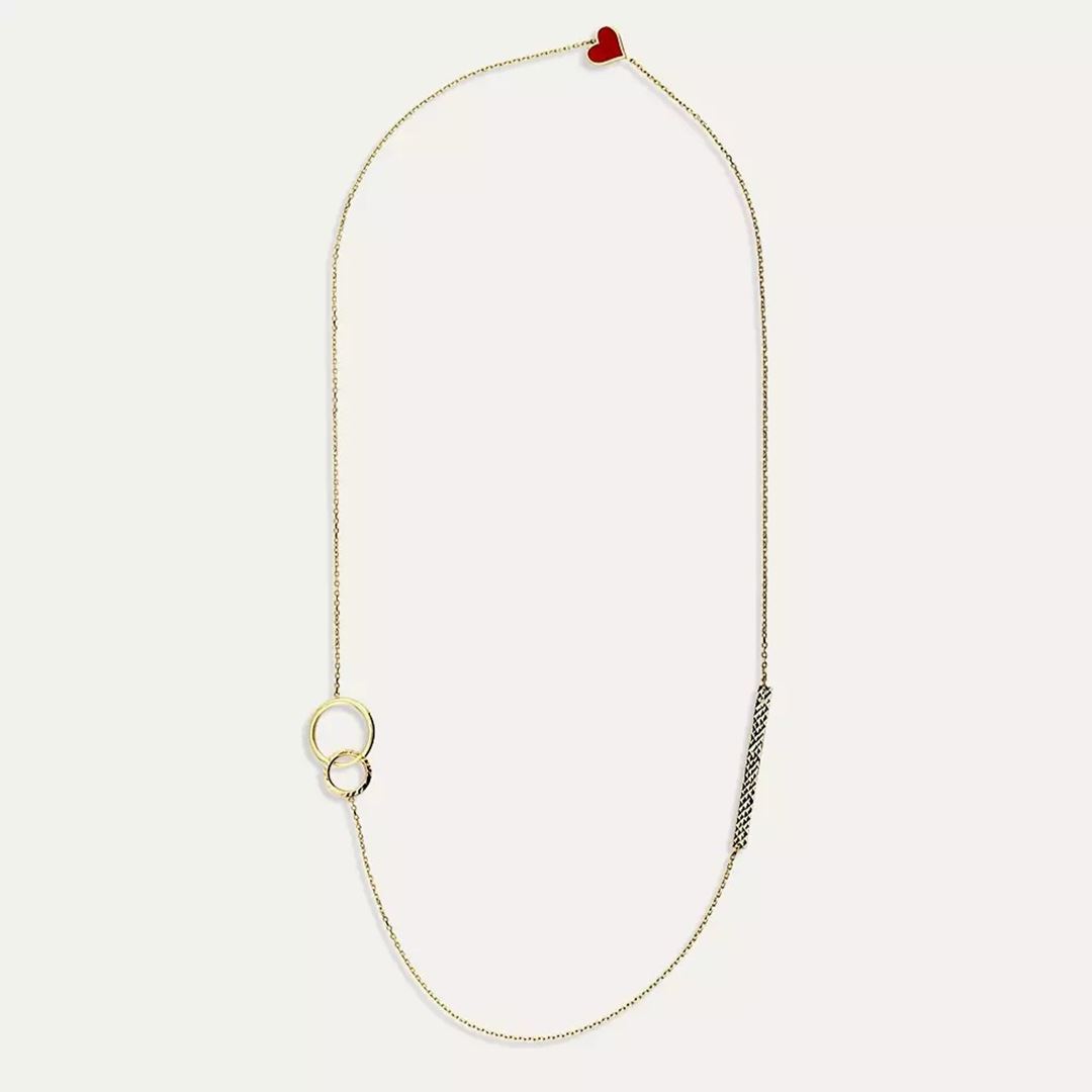 Kalp Detaylı Kırmızı Mineli Rose Altın Kolye