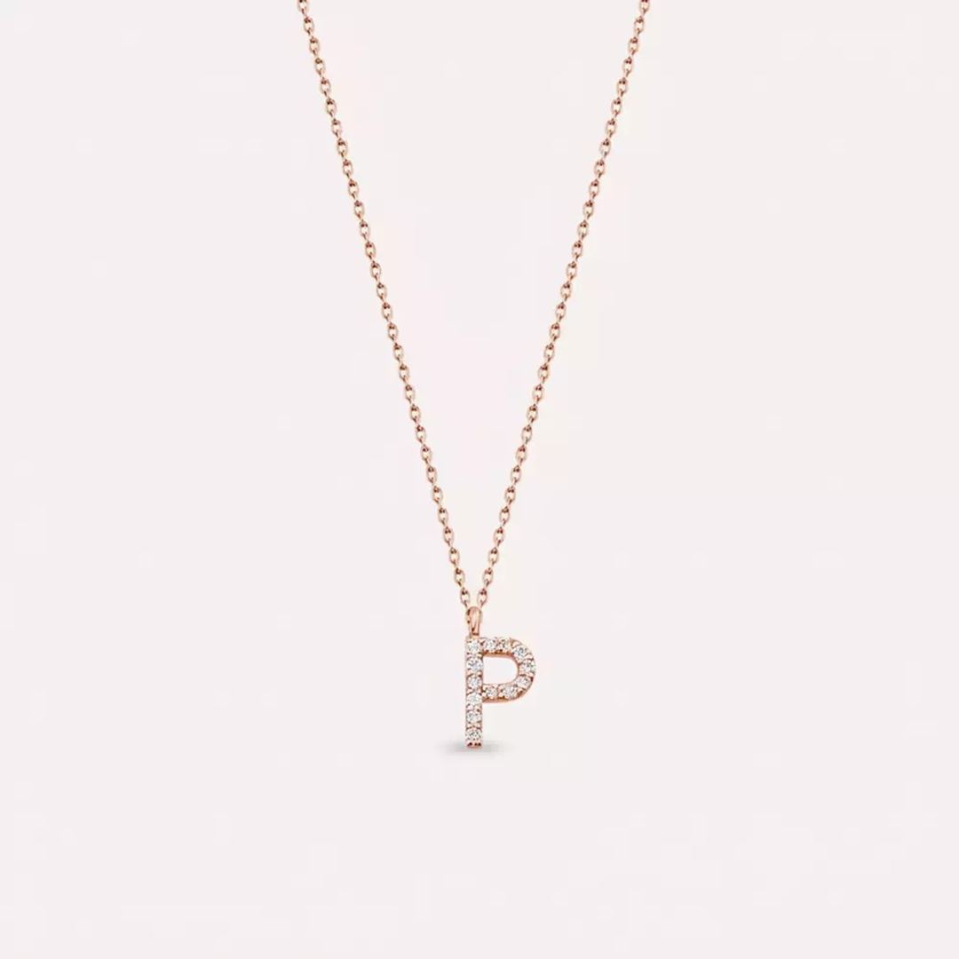 P Harf 0.08 CT Pırlanta Taşlı Rose Altın Kolye