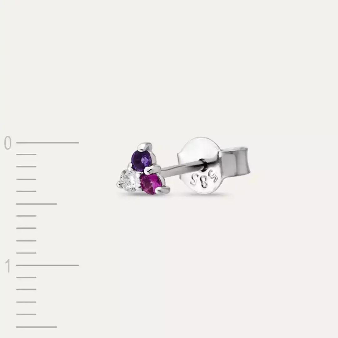 Triangle Pırlanta, Ametist ve Yakut Taşlı Beyaz Altın Mini Tek Küpe