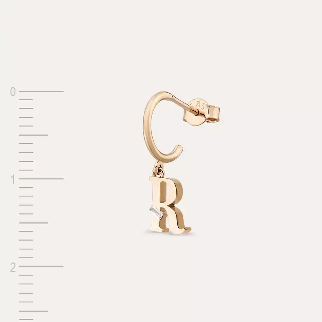 R Harf Pırlanta Taşlı Rose Altın Tek Küpe