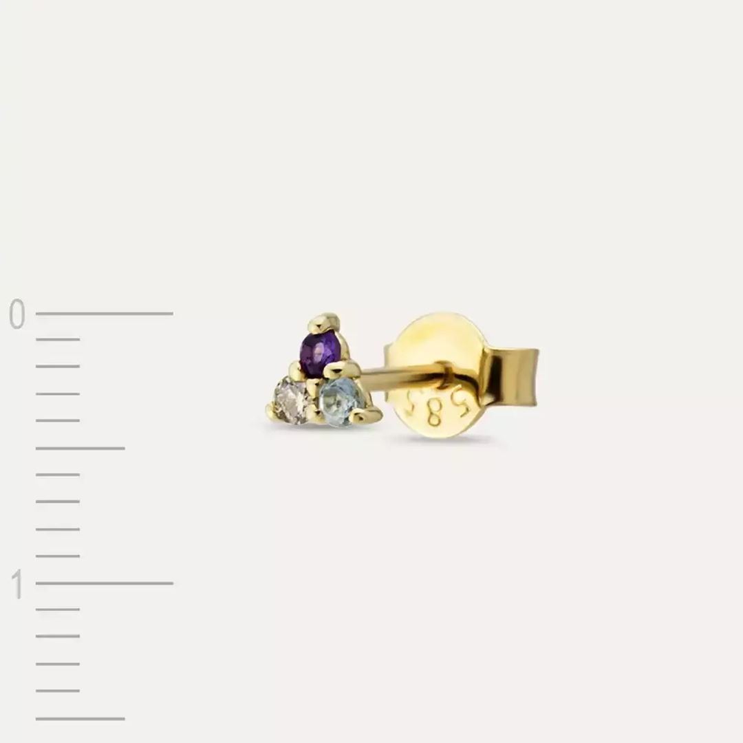 Triangle Brown Pırlanta, Ametist ve Aquamarin Taşlı Sarı Altın Tek Küpe