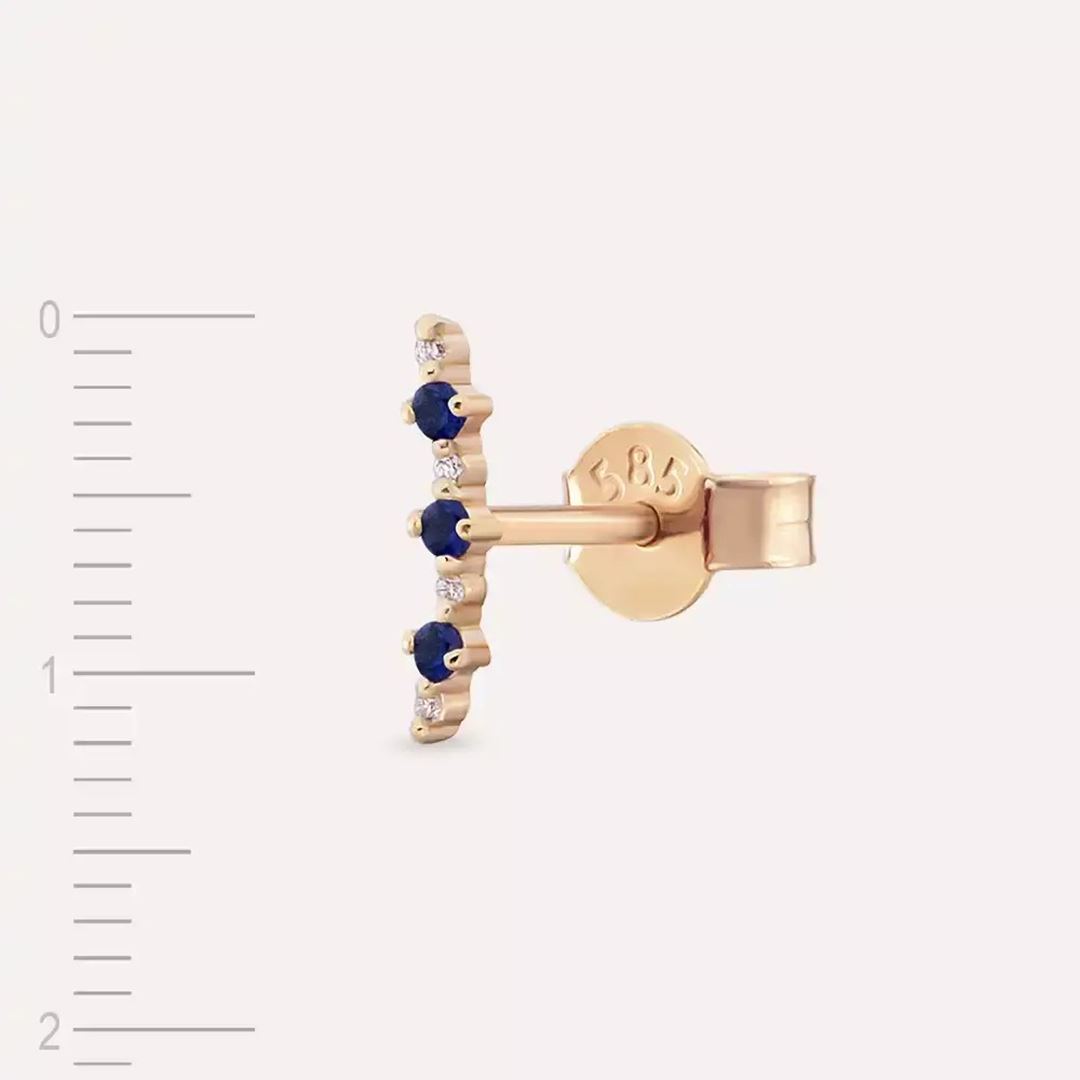 Hued Safir ve Pırlanta Taşlı Rose Altın Tek Küpe