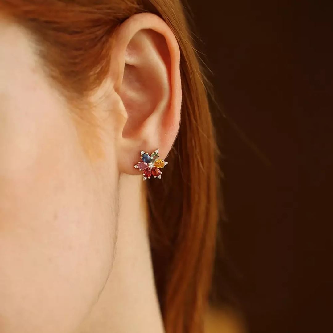 Talia Multicolor Safir ve Pırlanta Taşlı Sarı Altın Küpe