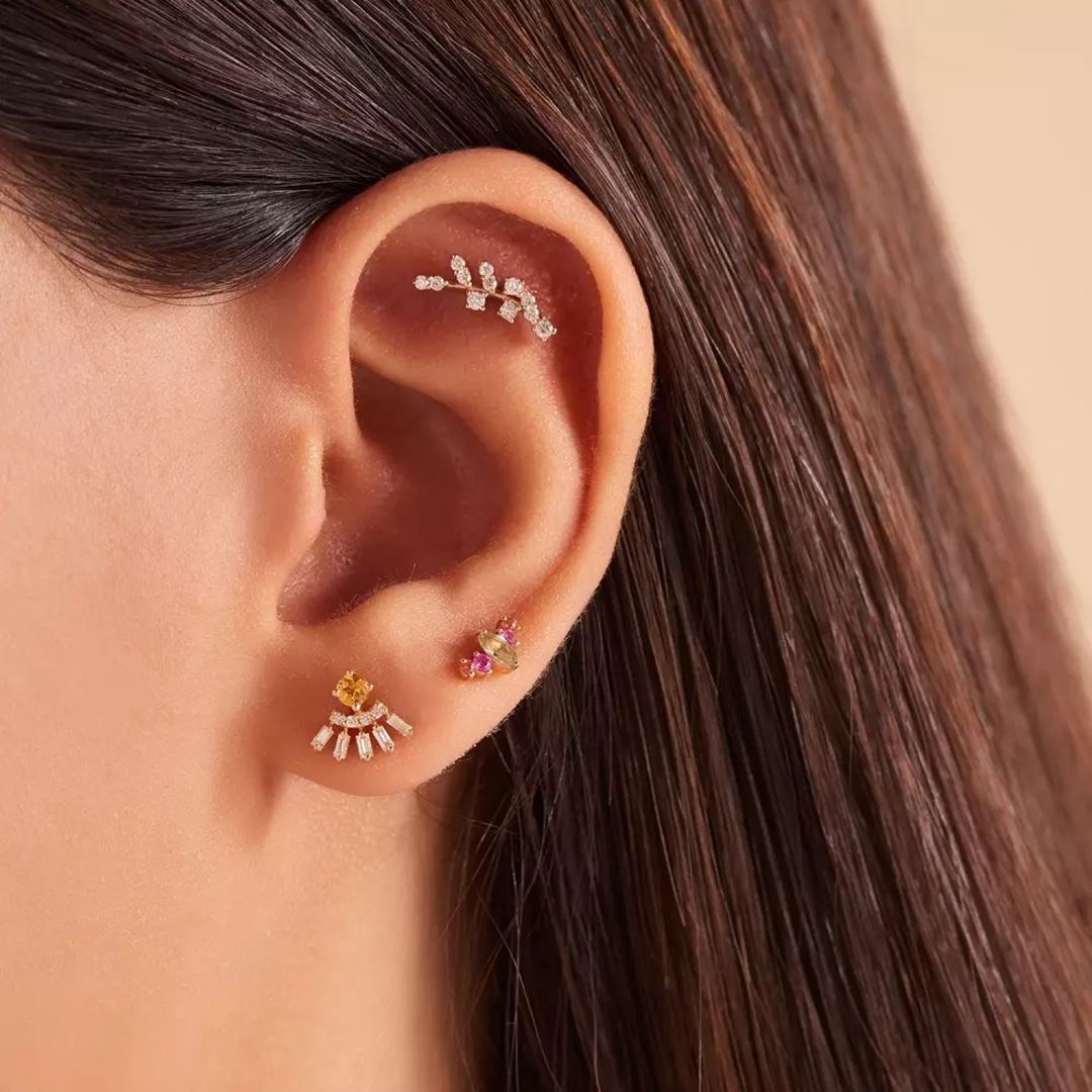 Enif Yellow Safir ve Baget Kesim Pırlanta Taşlı Rose Altın Tek Küpe