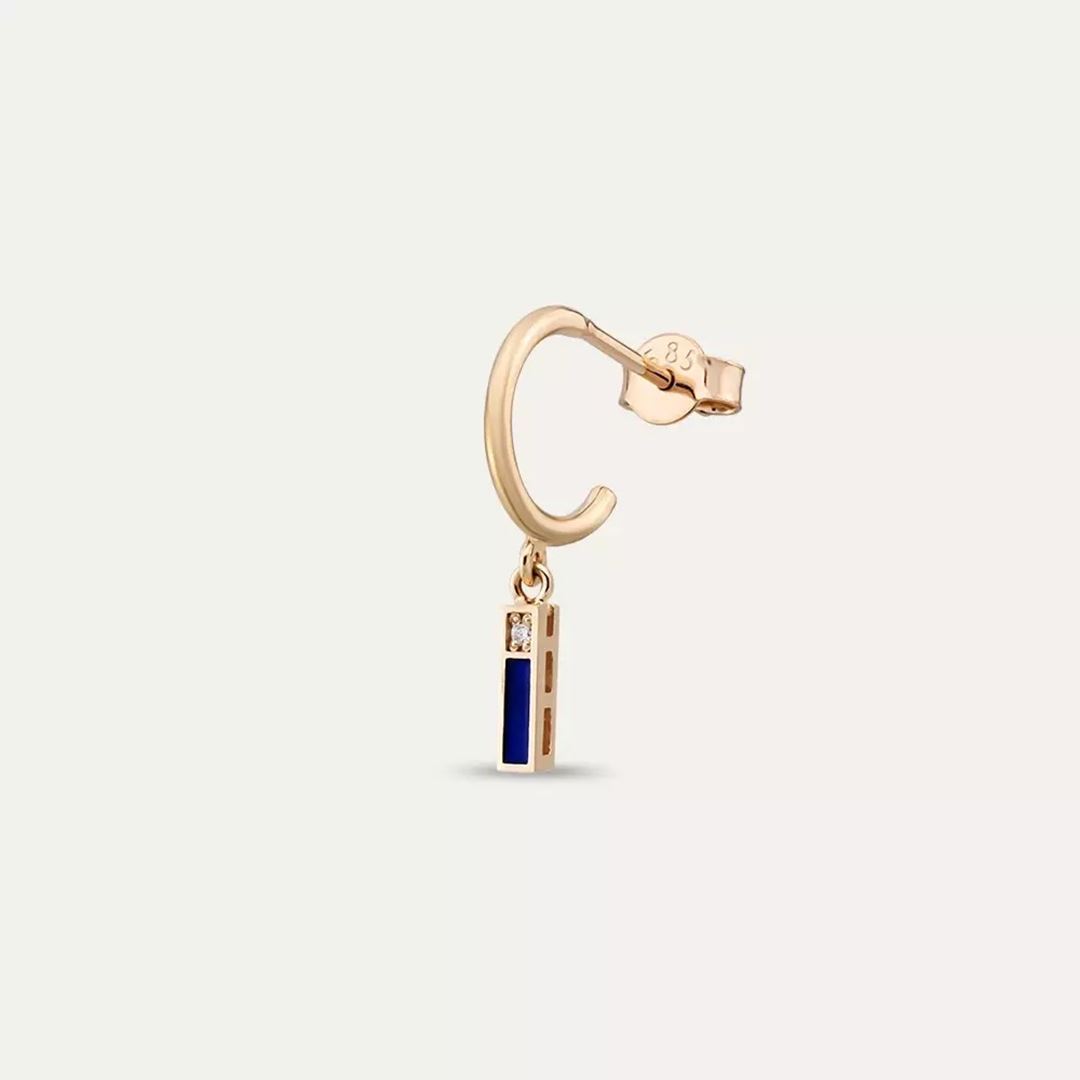 İ Harf Lacivert Mineli ve Pırlanta Taşlı Tek Küpe