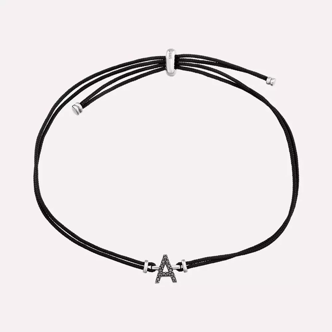Siyah Pırlanta Taşlı Beyaz Altın Harfli İp Bileklik