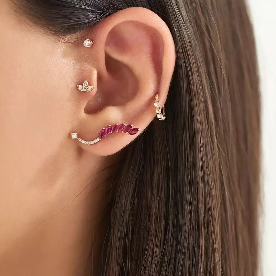 Mini Lotus Pırlanta Taşlı Rose Altın Piercing