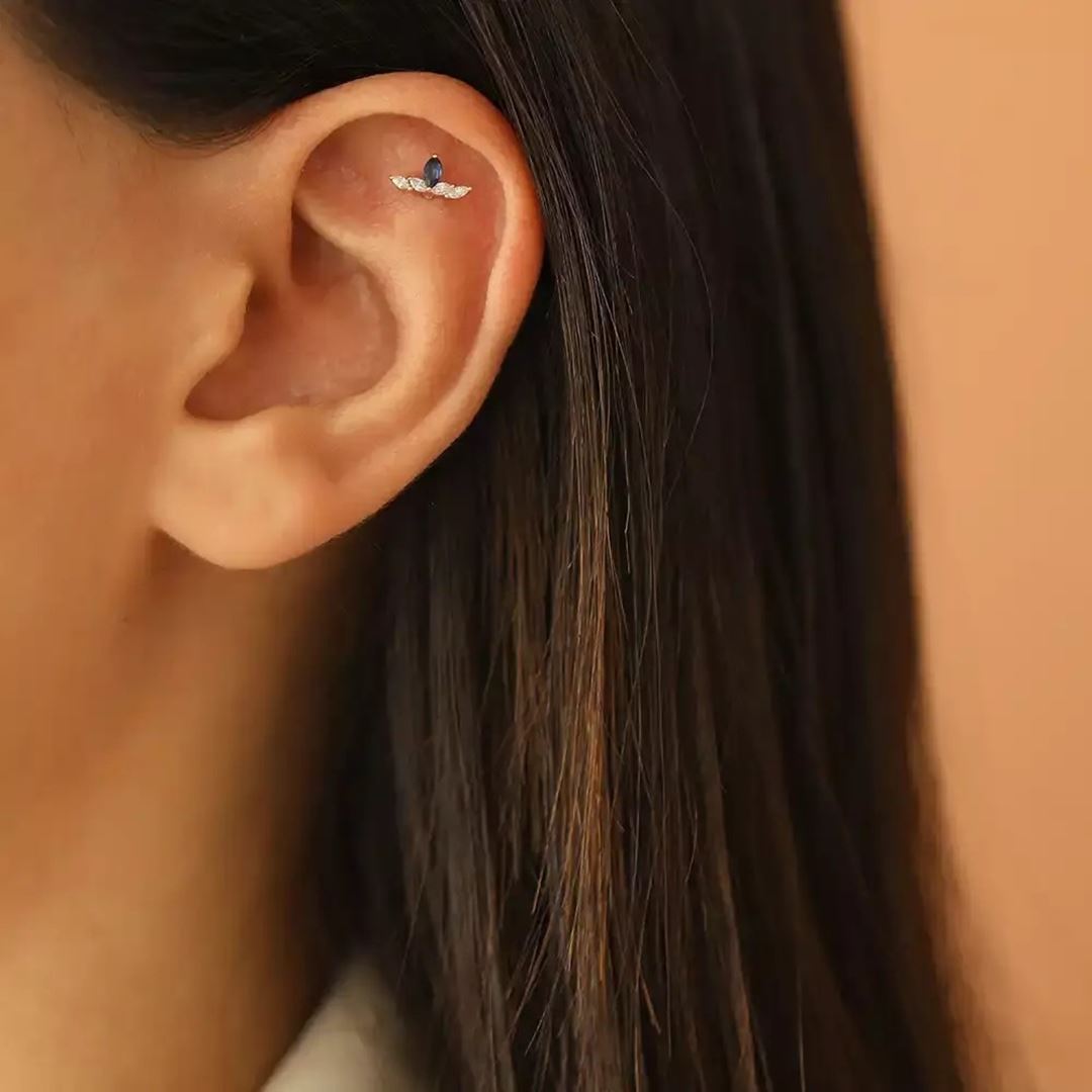 Brine Blue Safir ve Pırlanta Taşlı Rose Altın Piercing