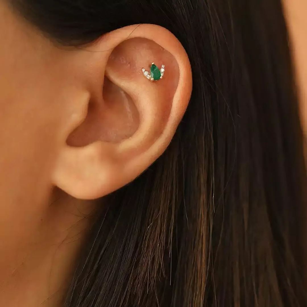 Zyre Zümrüt ve Pırlanta Taşlı Rose Altın Piercing