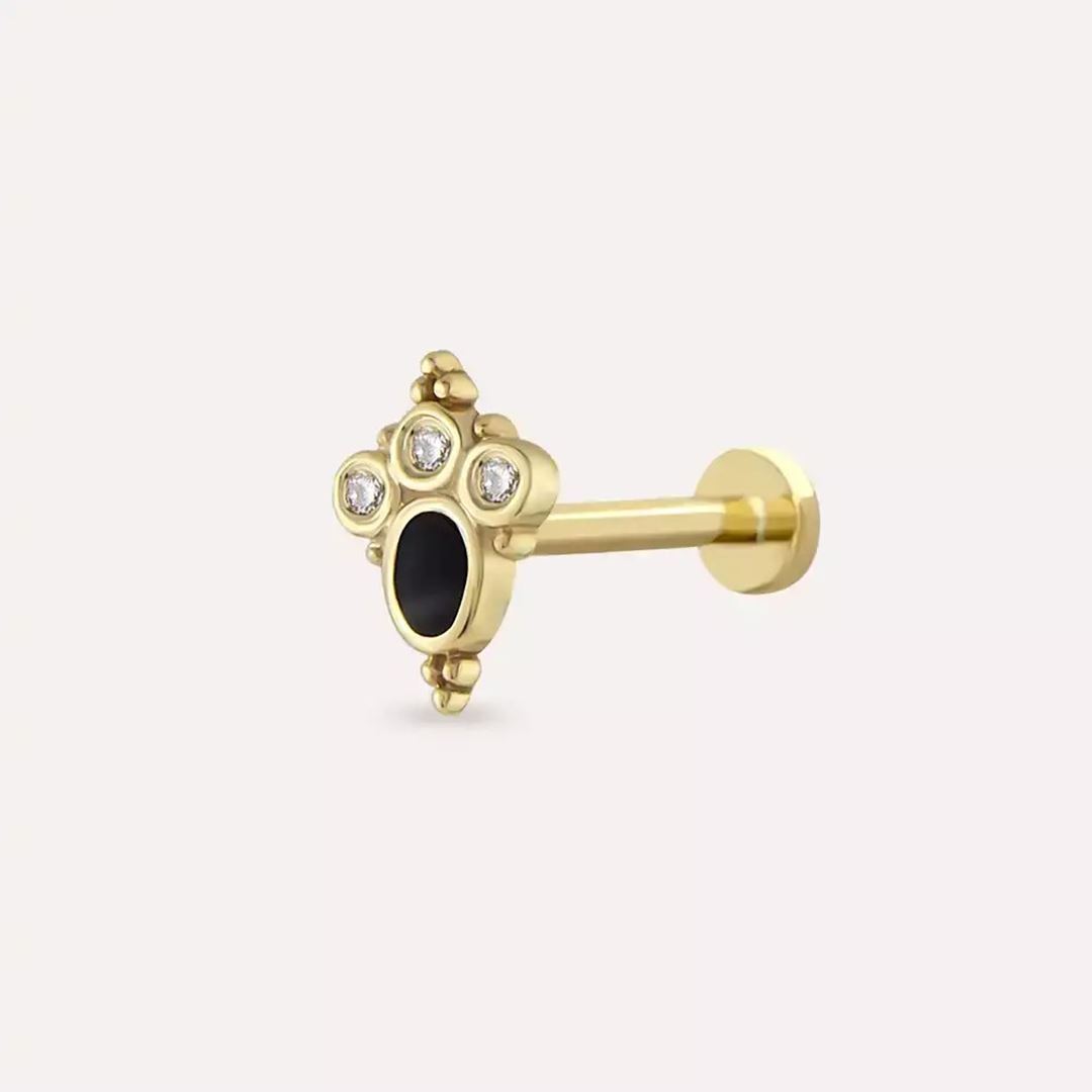 Liya Pırlanta Taşlı ve Siyah Mineli Sarı Altın Piercing
