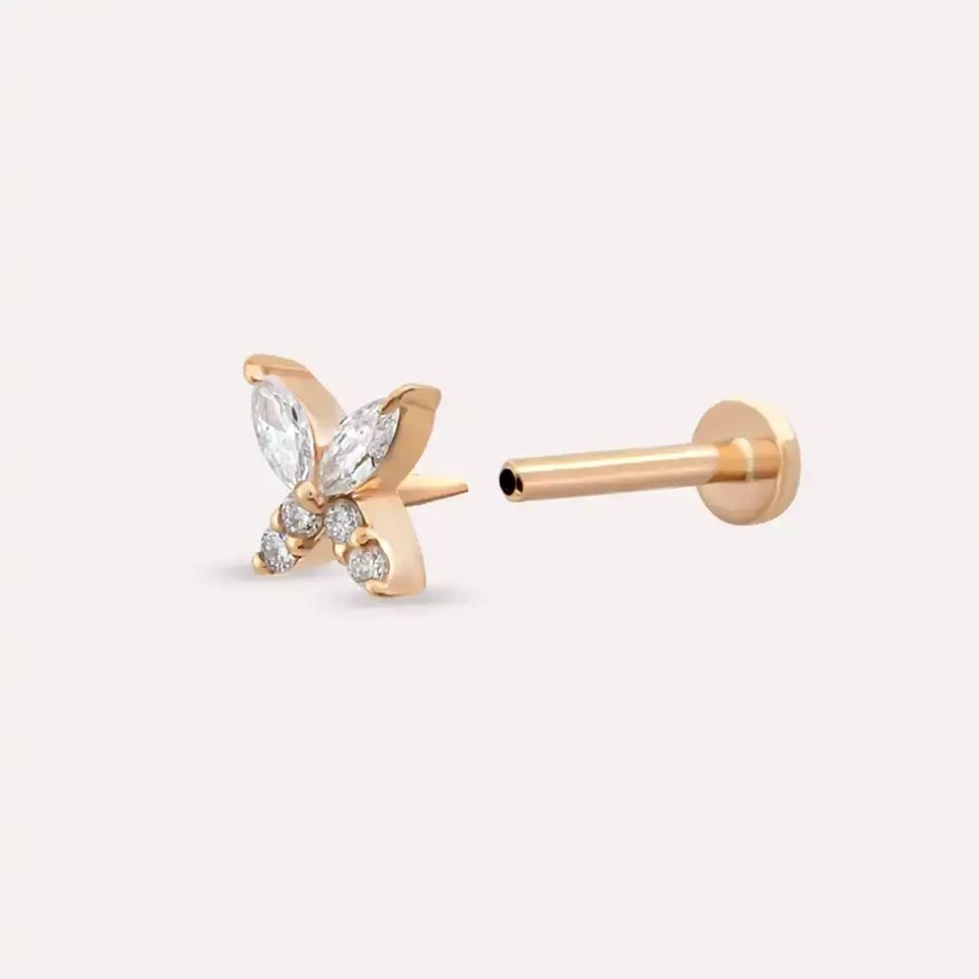 Butterfly Pırlanta Taşlı Rose Altın Piercing
