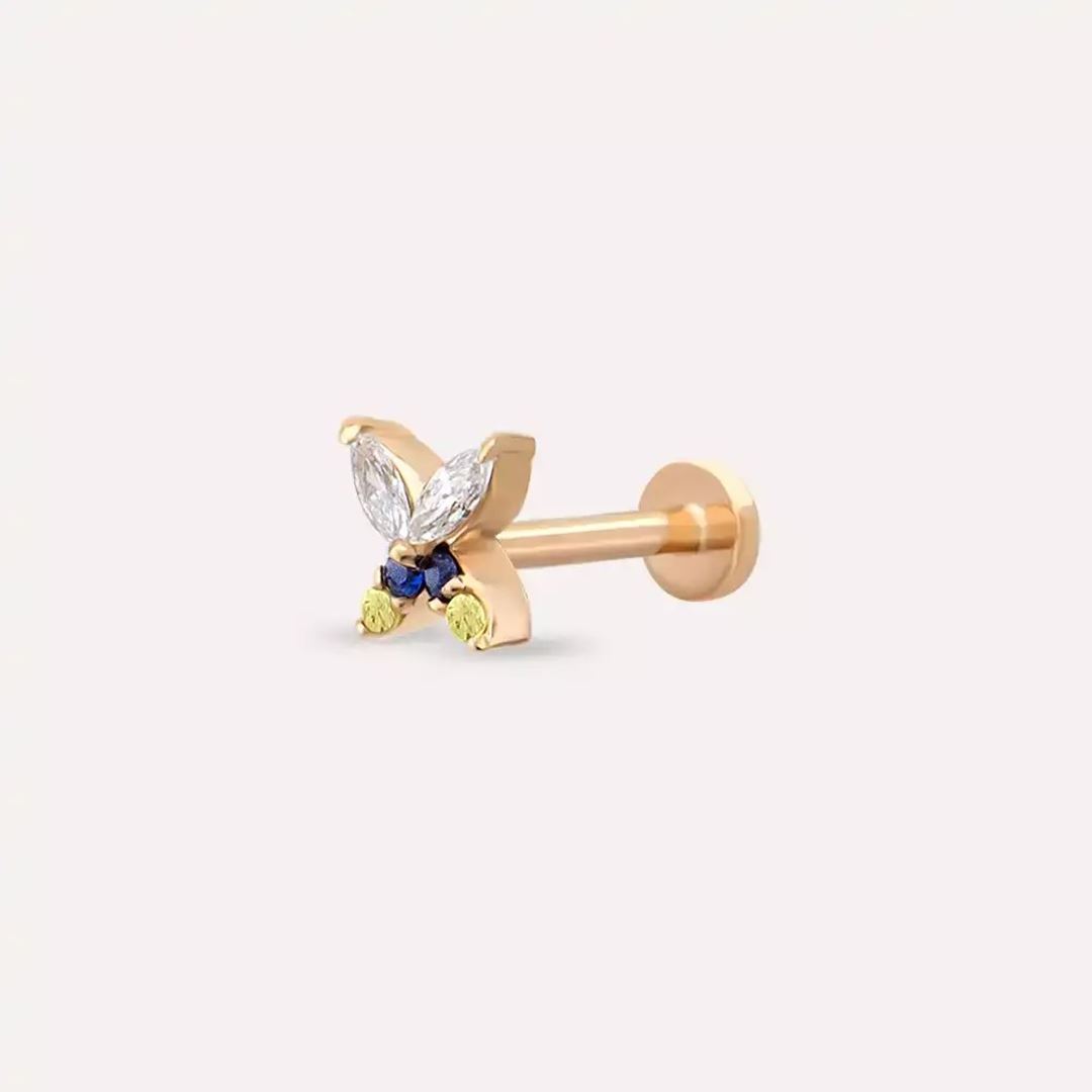 Butterfly Yellow, Blue Safir ve Pırlanta Taşlı Rose Altın Piercing