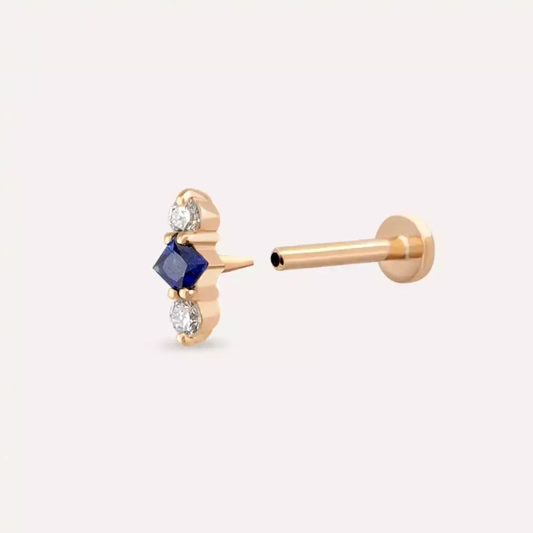 Tress Blue Safir ve Pırlanta Taşlı Rose Altın Piercing