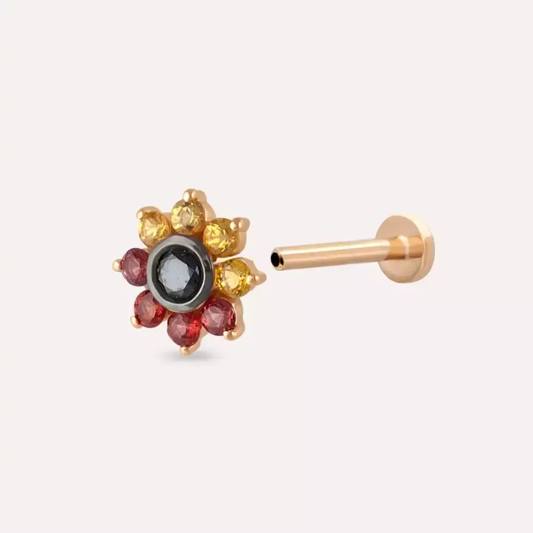 Floral Multicolor Safir ve Siyah Pırlanta Taşlı Rose Altın Piercing