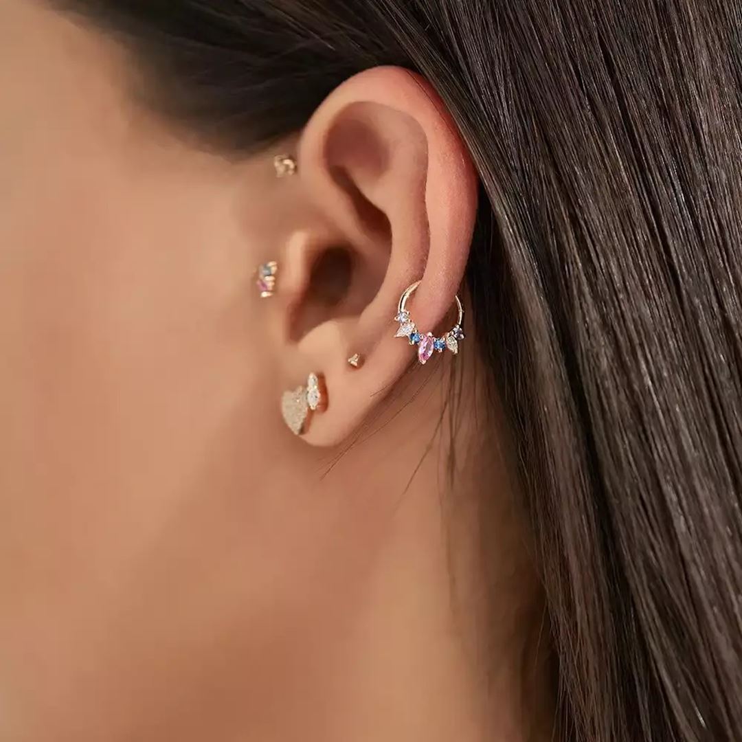 Henna Multicolor Safir ve Pırlanta Taşlı Rose Altın Halka Piercing