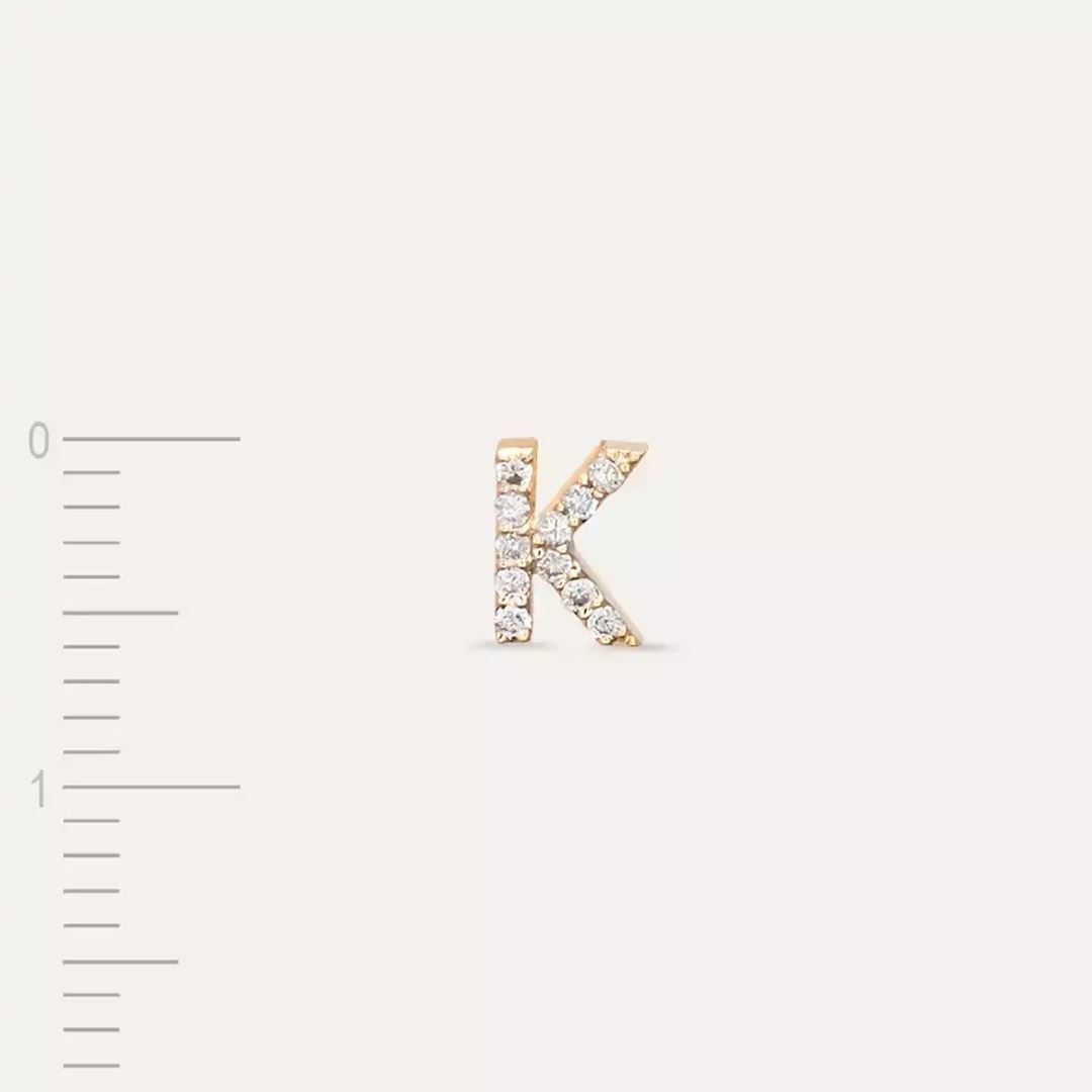 K Harf Pırlanta Taşlı Sarı Altın Tek Küpe