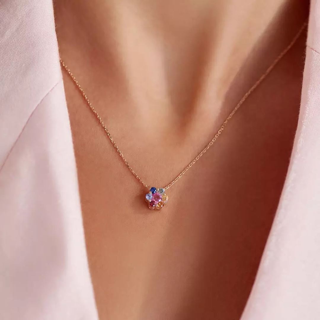 Flower Multicolor Safir Taşlı Rose Altın Kolye