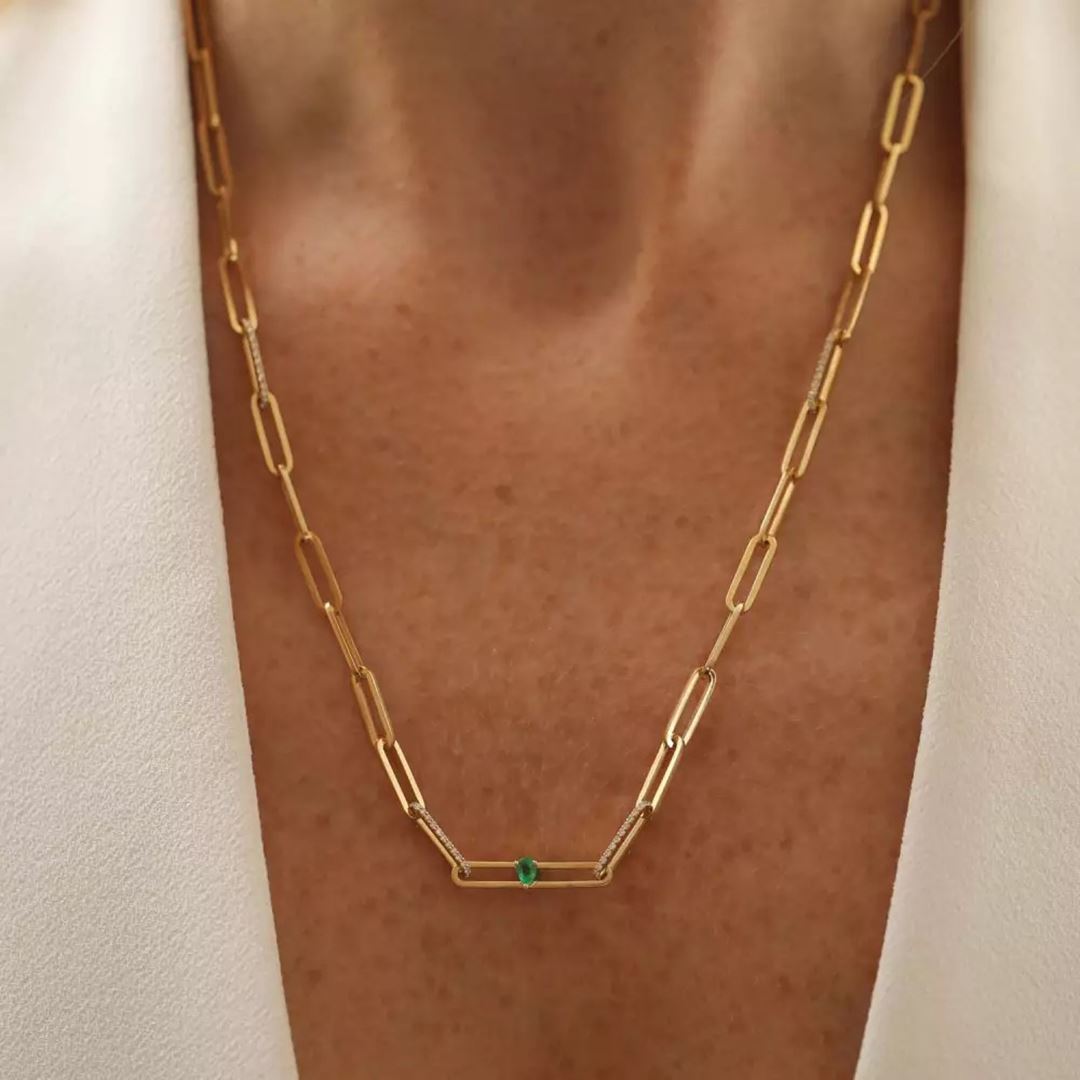 Nest Zümrüt ve Pırlanta Taşlı Rose Altın Kolye