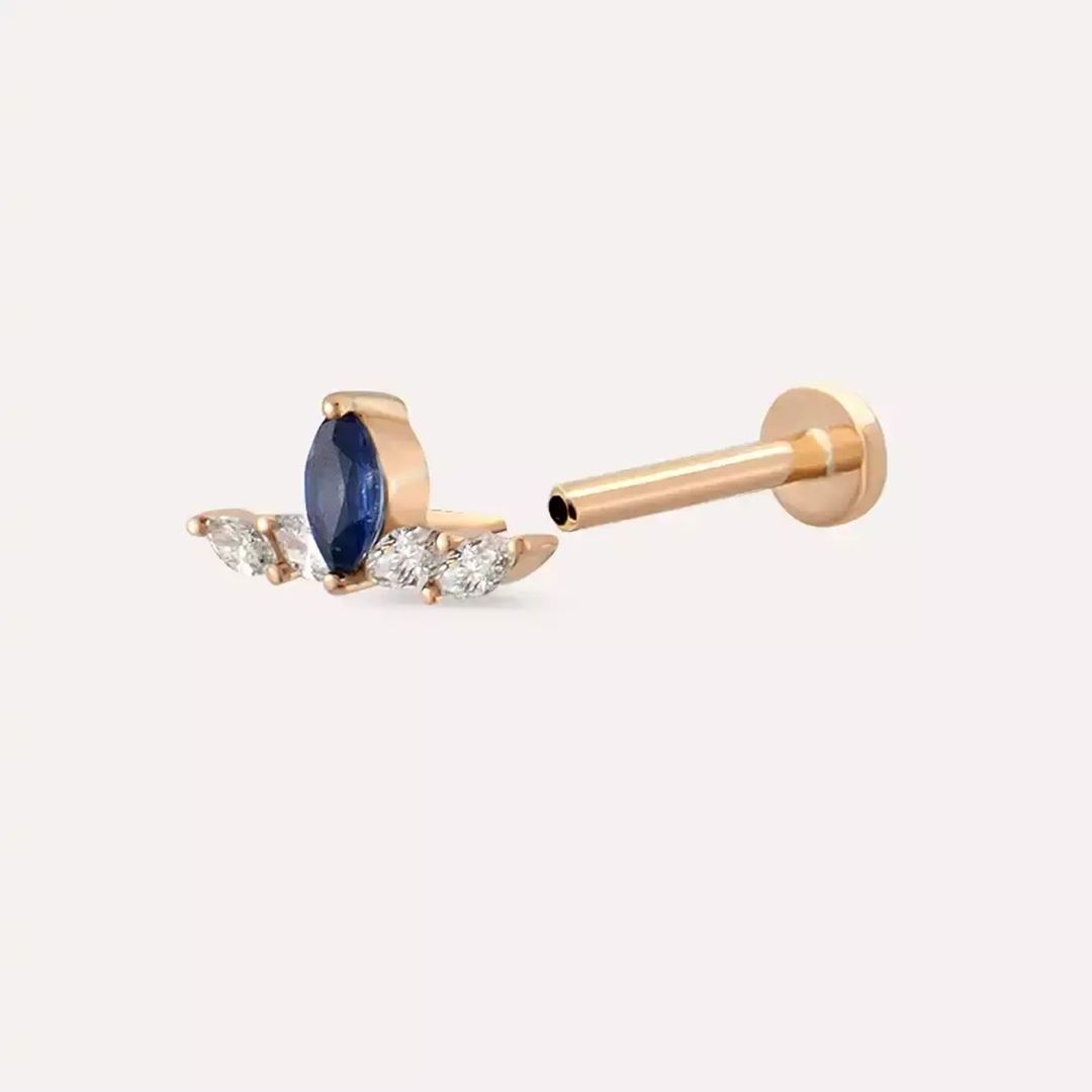 Brine Blue Safir ve Pırlanta Taşlı Rose Altın Piercing