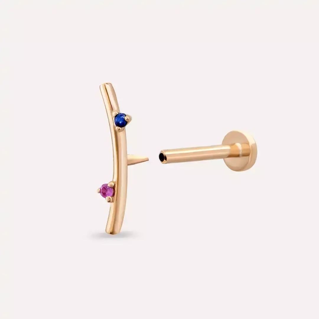 Steep Pink ve Blue Safir Taşlı Rose Altın Piercing