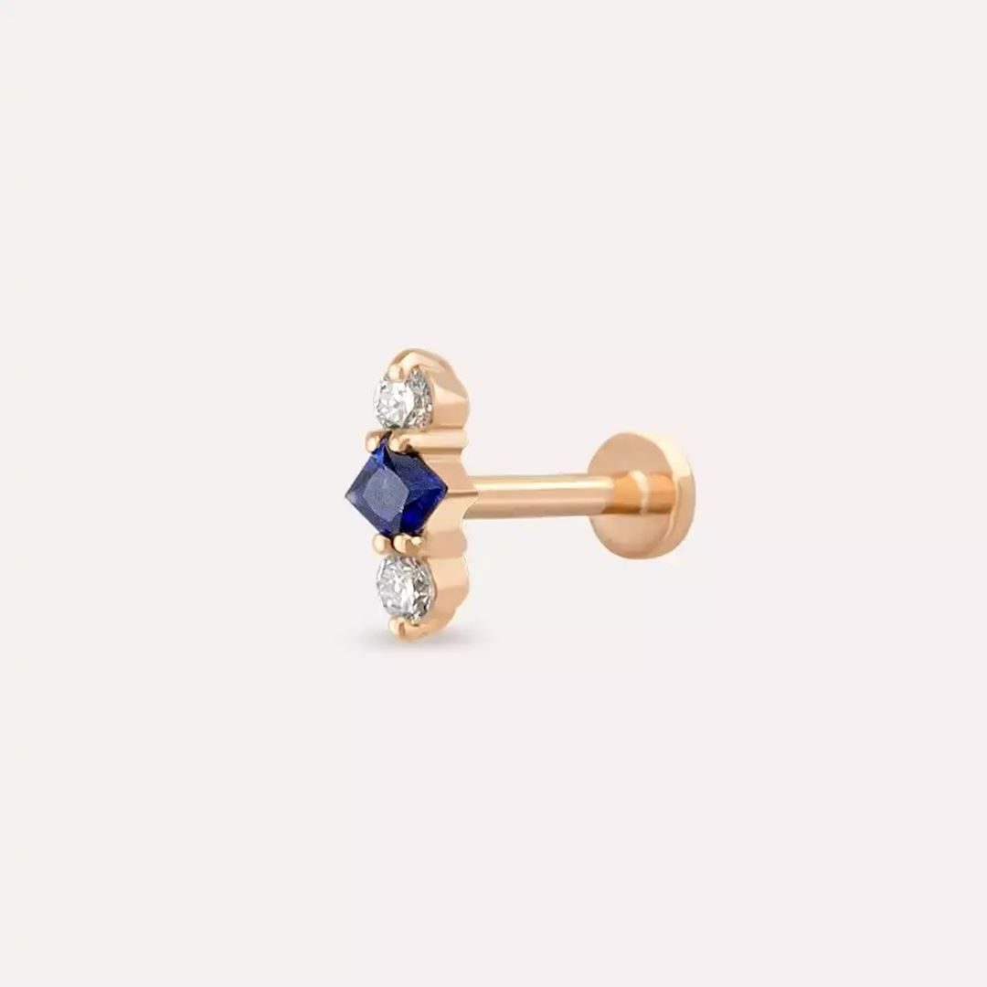Tress Blue Safir ve Pırlanta Taşlı Rose Altın Piercing