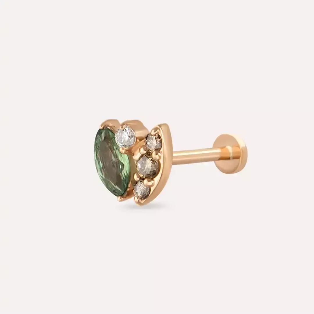 Erisa Green Safir ve Brown Pırlanta Taşlı Rose Altın Piercing