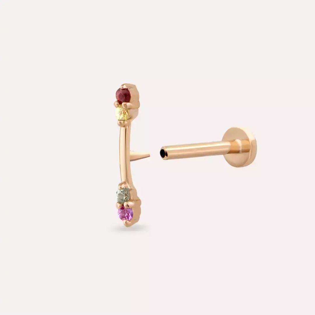 Rod Multicolor Safir Taşlı Rose Altın Piercing