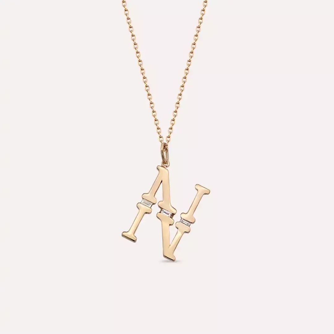 N Harf 0.04 CT Baget Pırlanta Taşlı Rose Altın Kolye