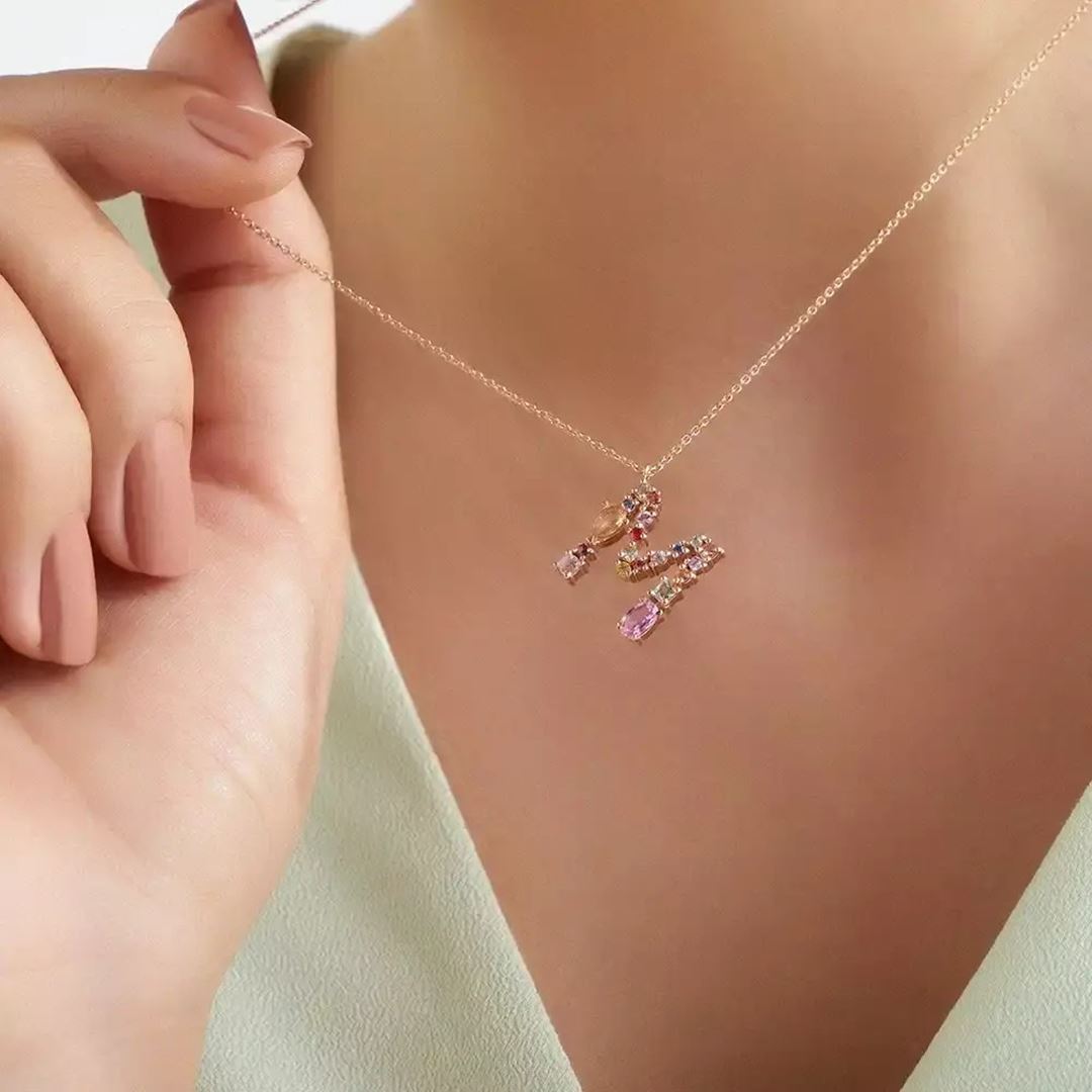 M Harf Multicolor Safir Taşlı Rose Altın Kolye