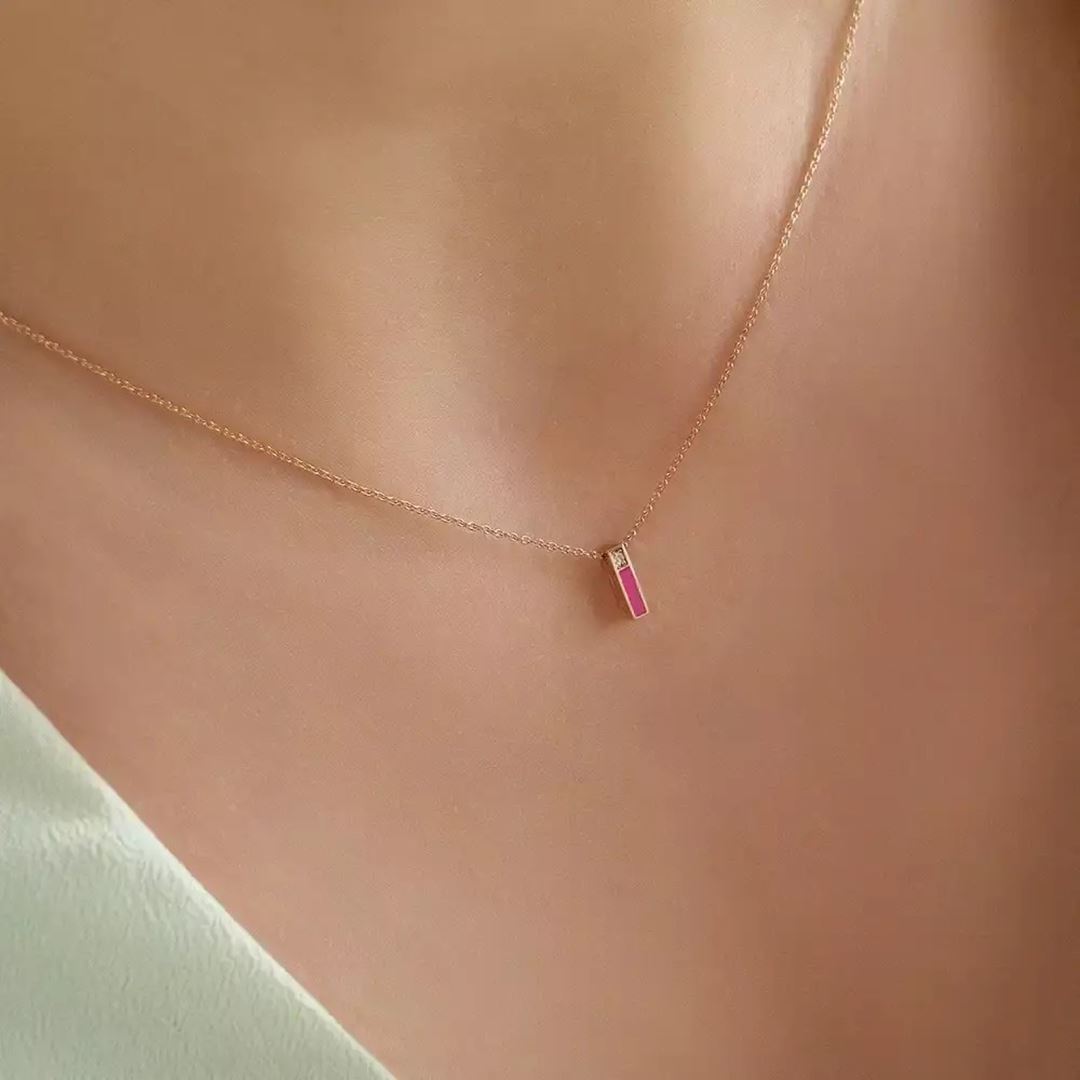 I Harf Pırlanta Taşlı ve Pembe Mineli Rose Altın Kolye