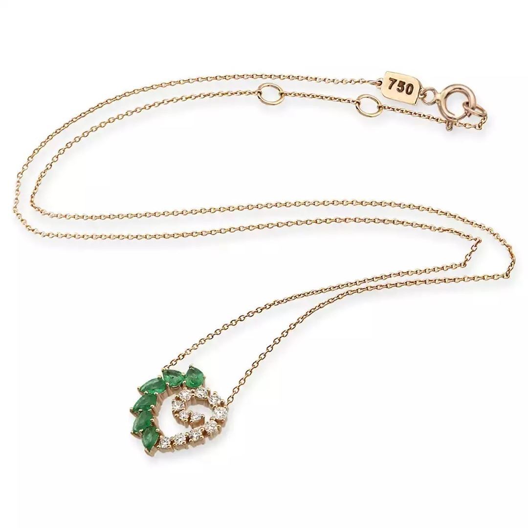 Peri Zümrüt ve Pırlanta Taşlı Rose Altın Kolye