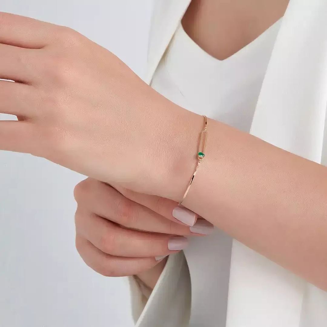 Mila Damla Kesim Zümrüt Taşlı Rose Altın Bileklik