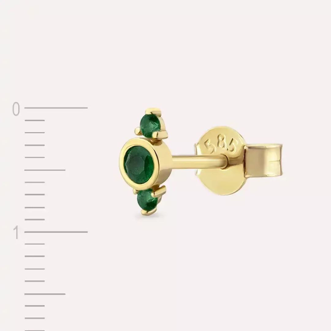 Andy Zümrüt Taşlı Sarı Altın Tek Küpe