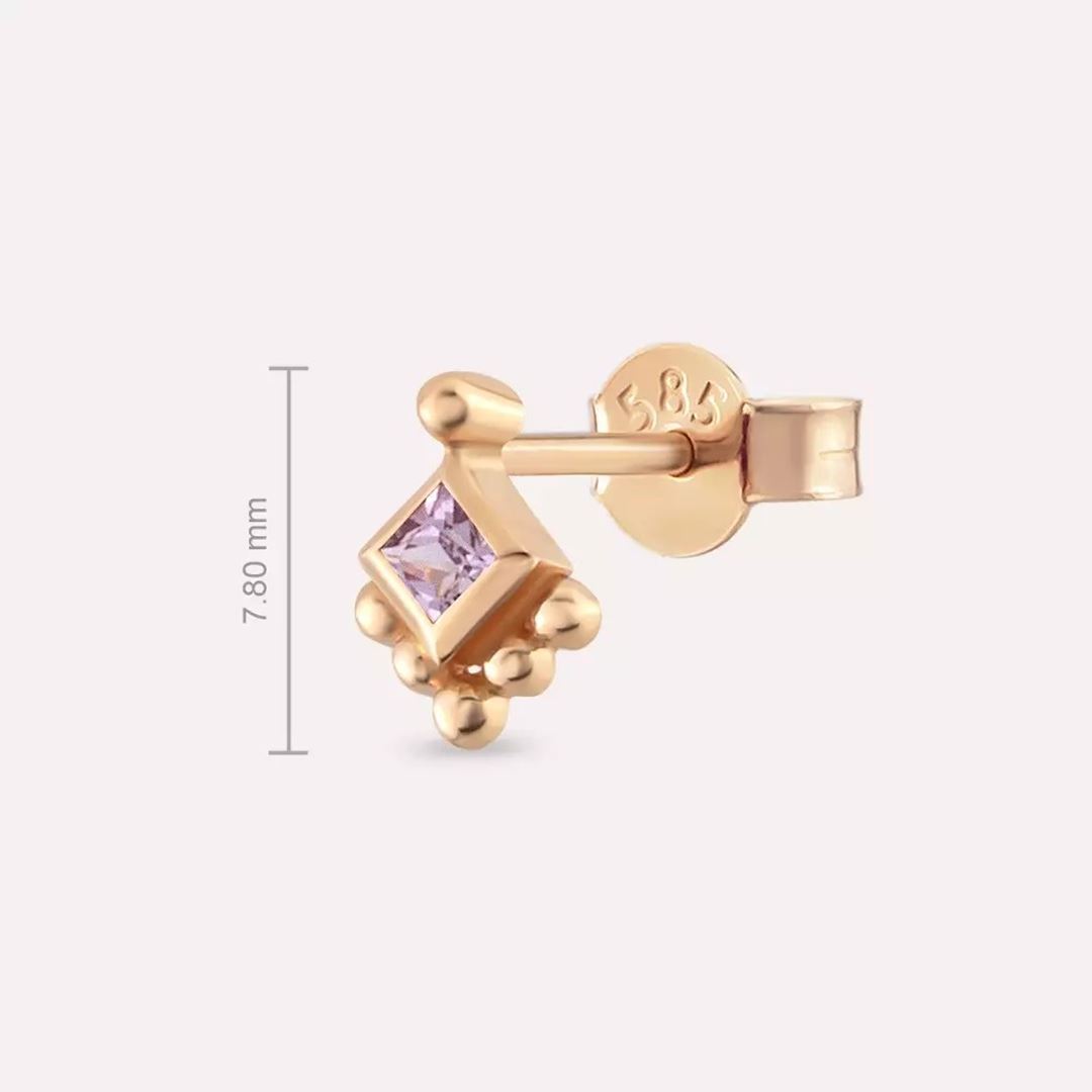 Hue Pink Safir Taşlı Rose Altın Tek Küpe
