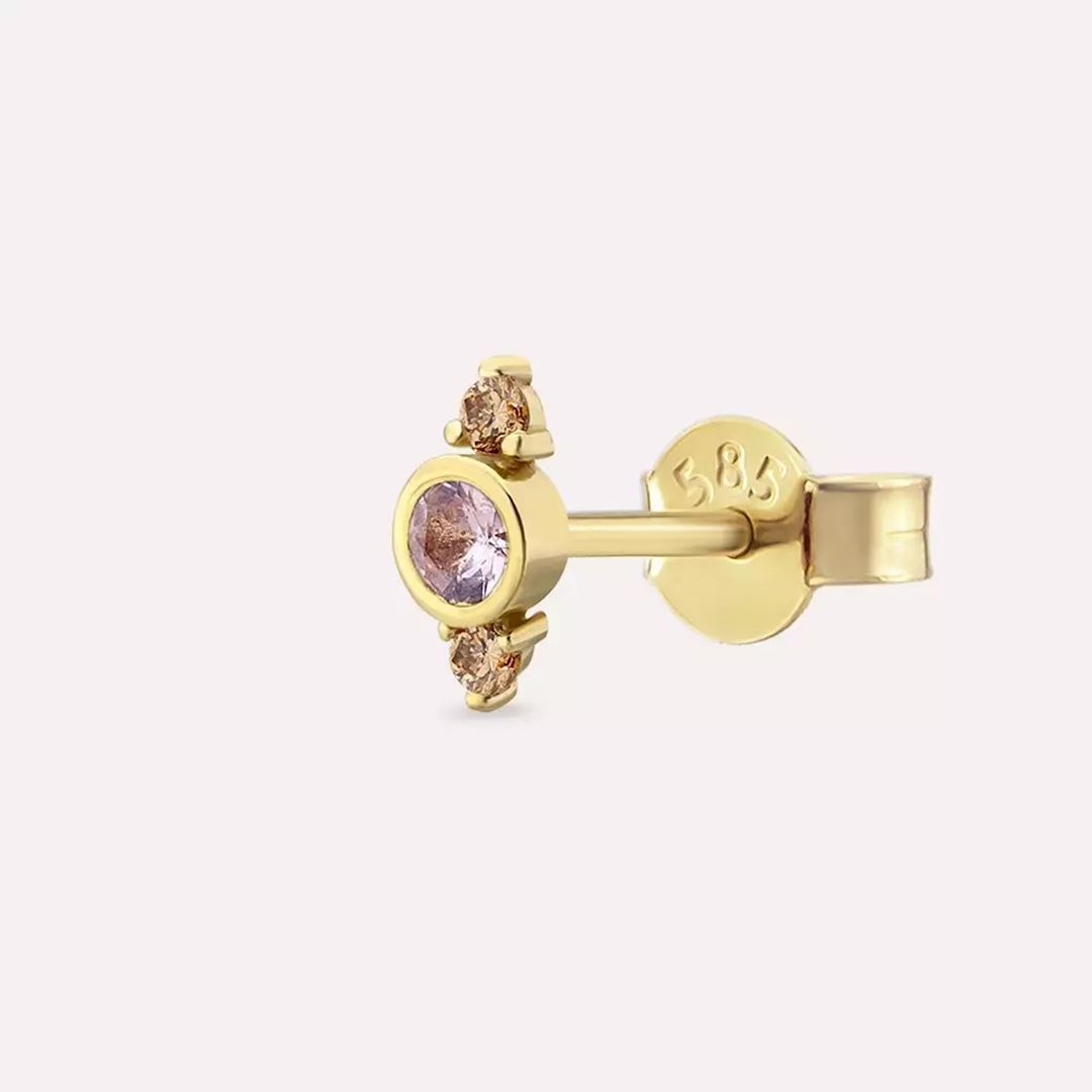 Andy Pink Safir ve Brown Pırlanta Taşlı Sarı Altın Tek Küpe