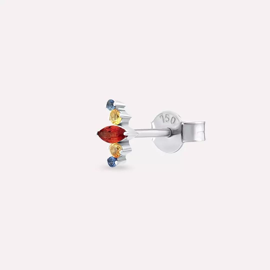 Crown Multicolor Safir Taşlı Beyaz Altın Tek Küpe